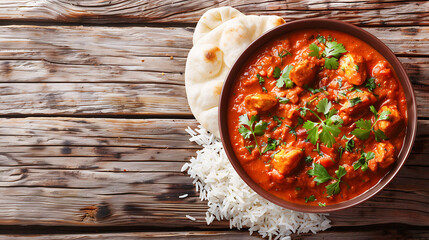 Spicy chicken tikka masala in bowl on rustic wooden background, With rice, indian naan butter bread, spices, herbs, Space for text, Traditional Indian, British dish, Top view, Indian food, Copy space - obrazy, fototapety, plakaty