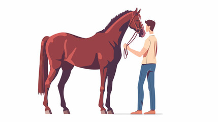 Person and horse. Man equestrian standing holding