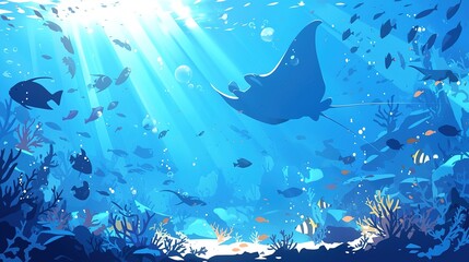 Underwater landscape, manta and fish shoal, corals and seaweeds, vector sea or ocean undersea background. Deep water or underwater landscape with marine blue scene silhouette of manta ray and fishes - obrazy, fototapety, plakaty