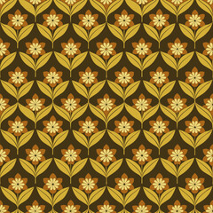 Abstract geometric seamless pattern with gold flowers.