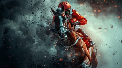 Capture the exhilaration of a horse racing photo finish on a windy day, with the horses manes flying and the