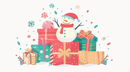 Pile of colorful wrapped gift boxes and snowman. Vector