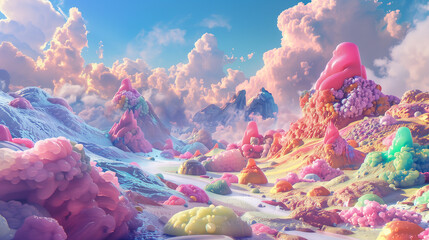  a surreal desert landscape where towering mountains of jelly in vivid hues stand against a cotton candy sky, with candy-colored clouds drifting lazily overhead. - obrazy, fototapety, plakaty