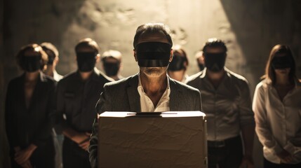 Blindfolded people voting, manipulated by politics and the media.	