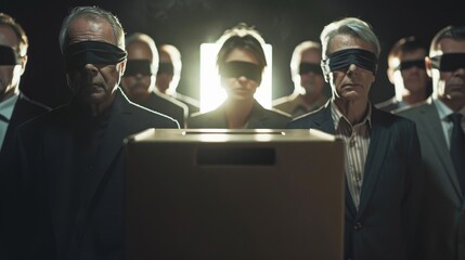 Blindfolded people voting, manipulated by politics and the media.	