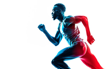 Running Olympic athlete on white background. Olympic Games. Black man athlete. The colors of the French flag are blue, white, and red.