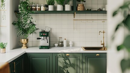 realistic photo of U kitchen in classic style, white tiles, pine green cabinets 