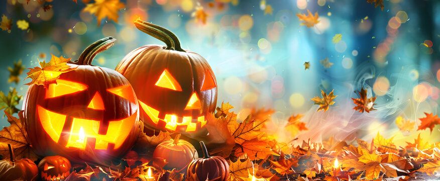 Spooky Halloween banner in a misty forest with an arrangement of glowing evil jack-o-lantern pumpkins and burning candles with dried leaves, bones and copy space. 