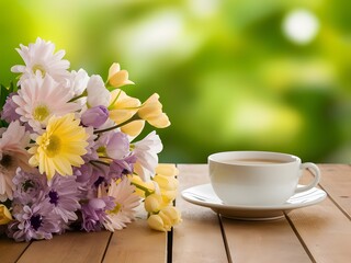 cup of tea and flowers on table with copy space