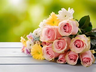 bouquet of roses on wooden table with copy space