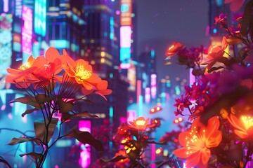 A digital art piece featuring neon, cyberpunk-style flowers amidst futuristic city lights.