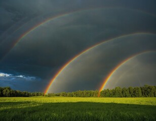 Photograph a vibrant rainbow stretching across a green meadow after a rainstorm.
