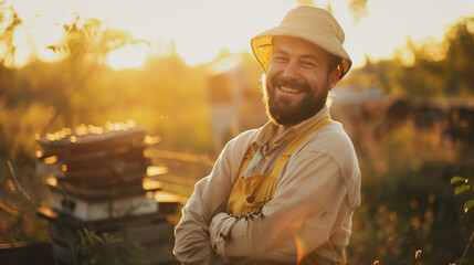 A bearded man with a big smile on his face is standing in a field. He's wearing a yellow hat and an apron. There are bees on his arm - Powered by Adobe