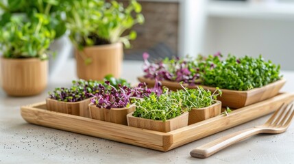 Various types of microgreens and sprouted seeds on the table in a wooden bowl, eco friendly kitchen, healthy eating and vegan diet, AI generative