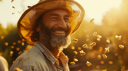 A smiling, happy, carefree beekeeper in a hat is surrounded by bees. The concept of joy and happiness, as a man enjoys the time spent with bees in the apiary - Powered by Adobe