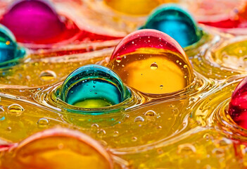 Bright multi-colored bubbles and drops, abstract liquid background