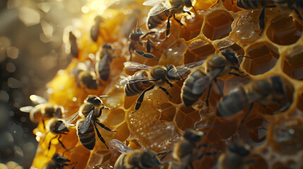 Close-up of a group of bees flying around a honeycomb. Bees are busy collecting nectar and pollen from flowers - obrazy, fototapety, plakaty
