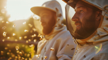 Two men in beekeepers suits are standing in a field, and bees are flying around them. Beekeepers collect honey in the apiary