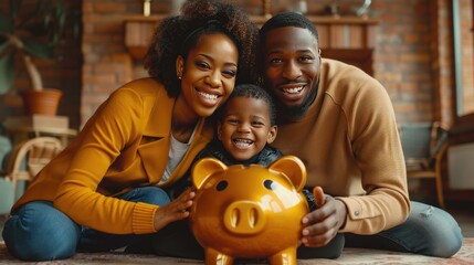 Kids learning finances, safe and invest money concept, black family - mom, dad and boy with large piggybank, AI generated image