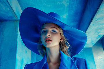 Portrait of a fashion model dressed entirely in blue and wearing a blue hat with wide brim. She is standing in a spacious blue interior of a building