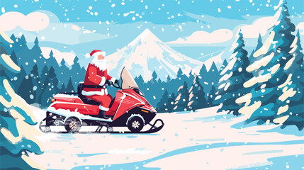 Santa claus riding Snowmobile isolated. Winter forest
