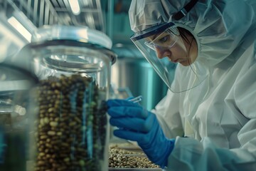 A close-up of a seed bank employee wearing protective gear, carefully handling and inspecting seeds before storing them in the facility.
