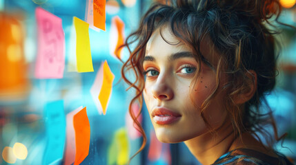 A young smiling business woman mentor, writes creative ideas on a sticky post, notes on a glass wall. Panorama