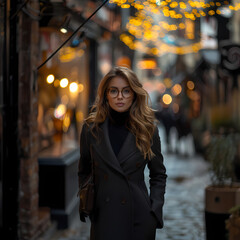A successful woman with great hair walks through the city; A Young brunette with glasses and a nice outfit; Business; Fashion lady with sunglasses 