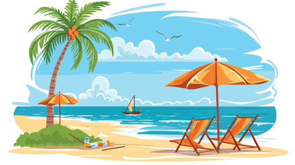 Fototapeta na wymiar Sea landscape summer beach palm tree sun umbrellas 