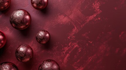 Abstract geometric background with large 3d shapes, dark red or marsala color backdrop with metal textured balls and copy space, AI generated image - obrazy, fototapety, plakaty