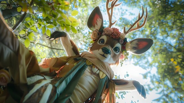 Graceful Anthro Deer in Serene Flower Crown Photoshoot in Forest Clearing Generative ai