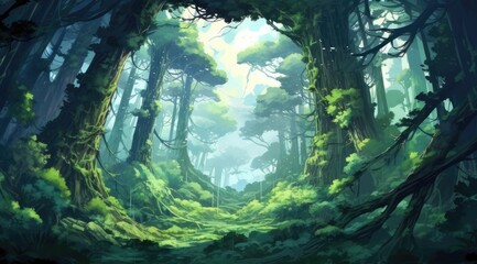 Sunlit emerald moss canopy in a tranquil forest glade