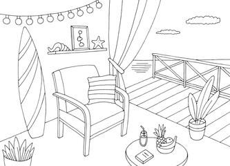 Sea hut interior graphic black white sketch illustration vector