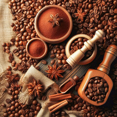 Roasted brown coffee beans are scattered on the table.
