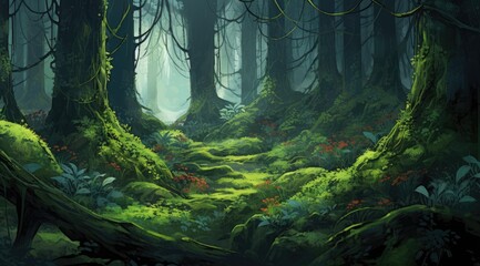 Mystical forest glade with lush emerald moss and ethereal sunlight filtering through