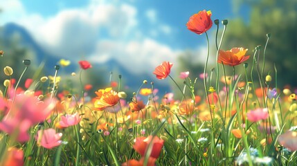 Panoramic floral background, web banner with poppy flowers field, panoramic view on wildflowers spring meadow in sunrise, natural view, AI generated image