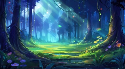 Enchanted forest glade aglow with twilight fireflies and emerald hues - obrazy, fototapety, plakaty