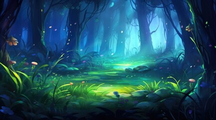 Enchanted forest glade aglow with twilight fireflies and emerald hues - obrazy, fototapety, plakaty