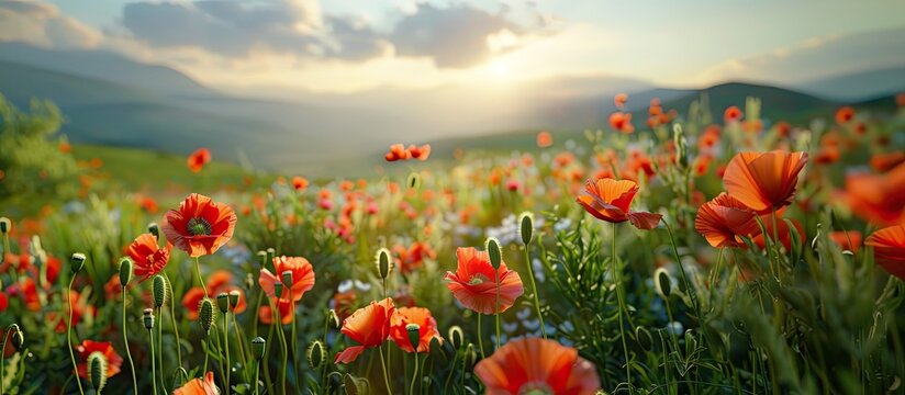 Panoramic floral background, web banner with poppy flowers field, panoramic view on wildflowers spring meadow in sunrise, natural view, AI generated image