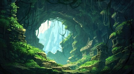 Lush emerald alcove under a sunlit canopy, a serene hideaway in the forest - obrazy, fototapety, plakaty