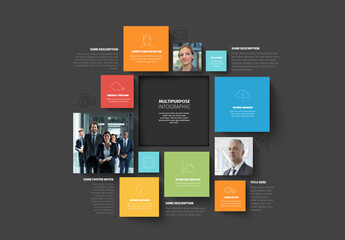 Simple dark infographic template with blue square content blocks with sample content, icons and photo placeholders
