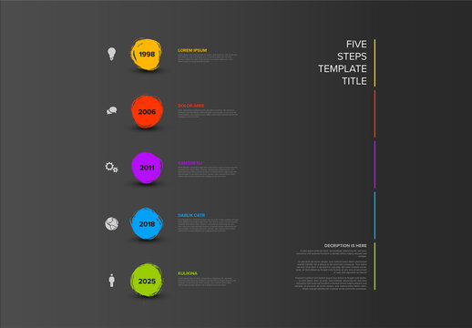 Dark infographic vertical timeline template with five brush circle items elements spots