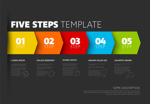 Five dark progress block steps template with descriptions and icons on black background