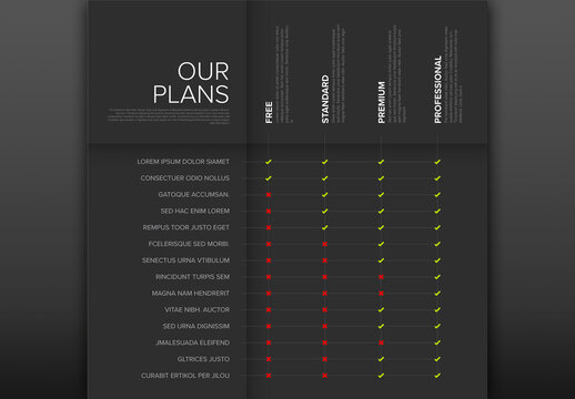 Product subscription plan versions with functionality feature options list on dark papers