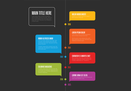 Flat dark vertical color timeline infographic template made from color rectangle speech bubbles