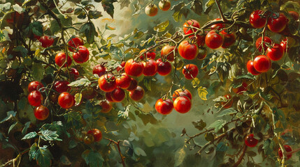 A sprawling vine of ripe tomatoes hanging heavy with fruit, their deep red color contrasting...