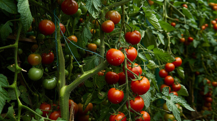 A sprawling vine of ripe tomatoes hanging heavy with fruit, their deep red color contrasting...