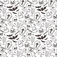 Halloween seamless pattern - creepy pumpkin lanterns with scary faces, traditional holiday halloween symbols ,seamless texture