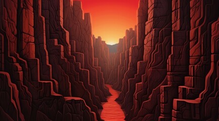 Surreal crimson canyons slicing through striated mountain landscapes