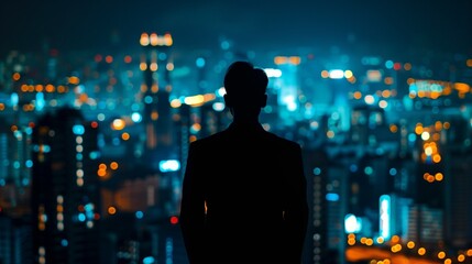 a business person's silhouette against an illuminated cityscape at night, symbolizing late-night hustle and success